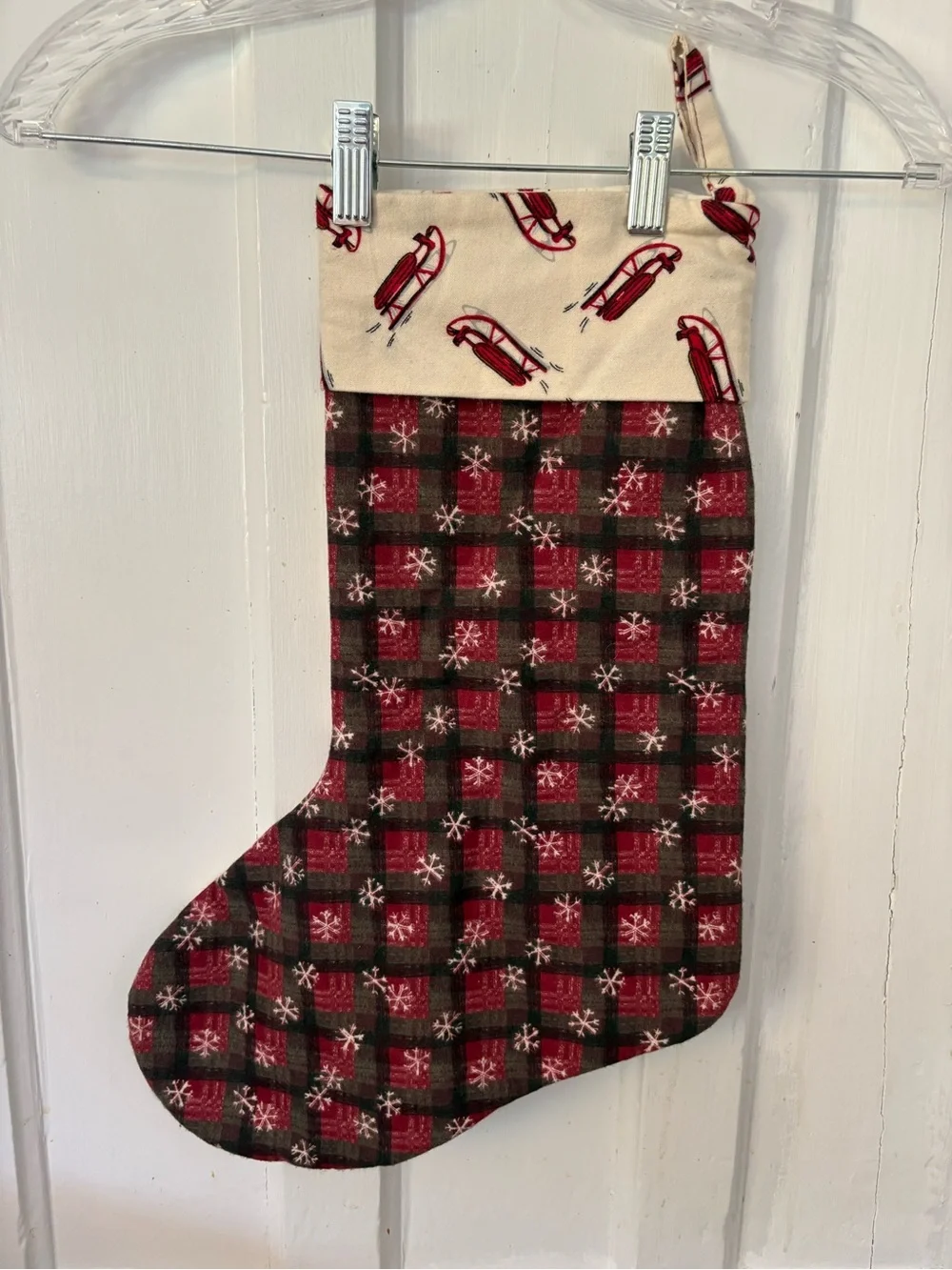 Holiday Vintage Handmade Sled Pattern Stocking Christmas Winter Snowflakes